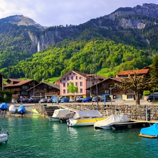 Interlaken, Canton of Bern, Mountains, Harbour, Houses, Town, Switzerland, boats