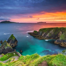 rocks, Coast, Gulf, sea, County Kerry, Ireland, clouds, Great Sunsets, grass