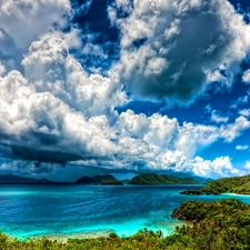 Island, lake, clouds