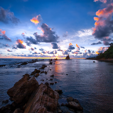 Island of Java, sea, Great Sunsets, clouds, rocks, indonesia