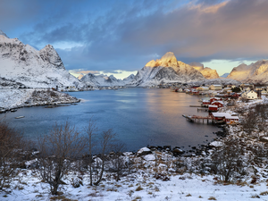 Lofoten, Norway, Moskenesoya Island, Reine Village, Mountains, clouds, rocks, Houses, Norwegian Sea Winter
