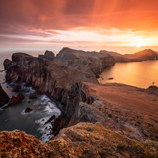 Gaspé Peninsula, Portugal, Cliffs, Sunrise, sea, Madeira Island