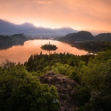 Island, Bled Island, Mountains, Church, forest, Lake Bled, Slovenia, Sunrise