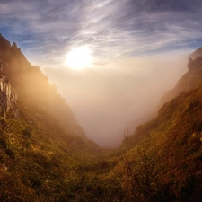 Mountains, Norway, Fog, piercing the sun, Valley, Senja Island