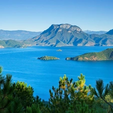 Islands, lake, Mountains