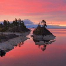 reflection, Stones, Karelia, Ladoga, Russia, viewes, lake, trees, Islet, Great Sunsets, point, clouds, rocks