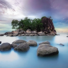 Islet, lake, Stones