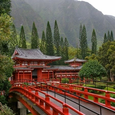 Mountains, temple, Japan, bridge