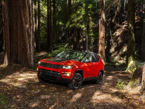 Red, 2017, forest, Jeep Compass Trailhawk