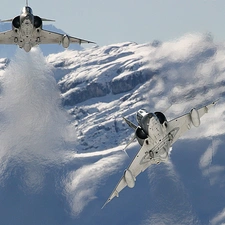 winter, Two cars, jets, Mountains