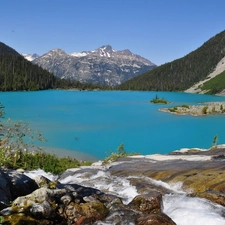 Mountains, lake, Joffre, Canada, woods, rocks