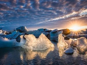 iceland, Icecream, rays of the Sun, Lake Jökulsárlón