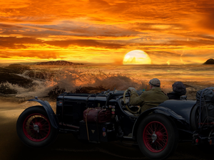 antique, sea, Passengers, Great Sunsets, photomontage, Automobile, journey