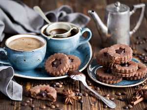 anise, coffee, Plates, jug, cups, Cookies
