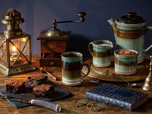 jug, composition, Lamp, Book, mill, bell, knife, Glasses, cake
