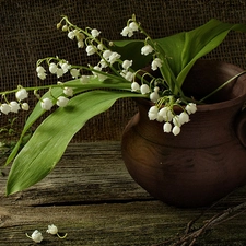 jug, lilies, Table, earthen, wooden