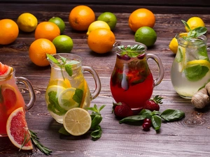Juices, composition, Jugs, orange, Ginger, Fruits, lemons, strawberries, limes