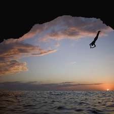 sun, Rocks, Do, west, sea, jump, water