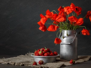 papavers, strawberries, bowl, Kanka