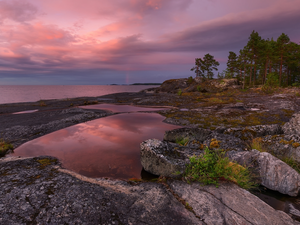 Karelia, Russia, lake, Ladoga, VEGETATION, clouds, trees, viewes, rocks