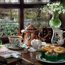kettle, Window, Flowers, cup, snowdrops, composition, Lamp, Books, Muffins, jug