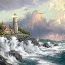maritime, Sky, Waves, Lighthouse, sea, Coast, Thomas Kinkade
