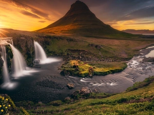 Kirkjufellsfoss Waterfall, iceland, clouds, Great Sunsets, River, Kirkjufell Mountain