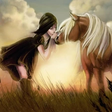 kiss, girl, Horse