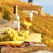 knife, Wine, cheese, Yellow, Grapes