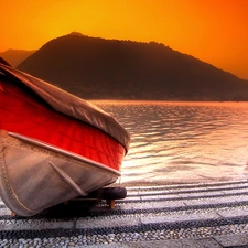 lake, Boat, sun, mountains, west