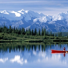 North, Alaska, lake, canoe, Mountains, america