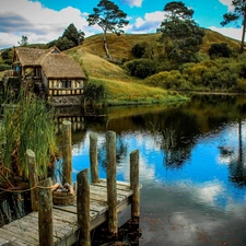 Old car, Platform, lake, Windmill