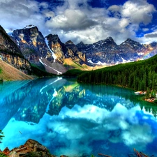 lake, Mountains, clouds