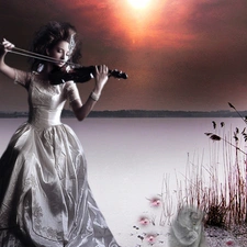 graphics, violin, lake, Women