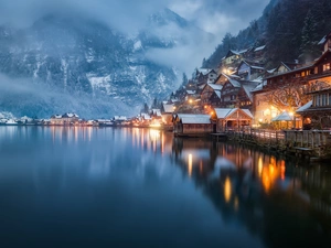 Houses, Austria, Hallstattersee Lake, Fog, Mountains, Hallstatt