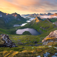 Mountains, Norway, Sunrise, lake, rocks, Lofoten