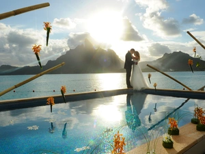 wedding, a man, lake, ledge, Dress, Women