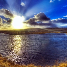 lake, medows, dark, clouds, dawn