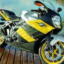 Yellow, BMW, lake, motor-bike
