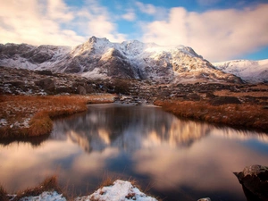 lake, clouds, Mountains