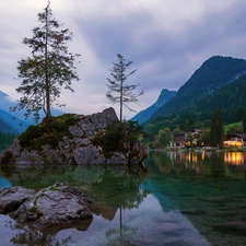 clouds, light, Great Sunsets, Mountains, Rocks, Bavaria, Houses, Lake Hintersee, Germany, Alps, viewes, trees
