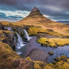 waterfall, lake, iceland, mountains