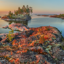 Lake Ladoga, Sunrise, autumn, Islets, Plants, Russia, viewes, rocks, trees