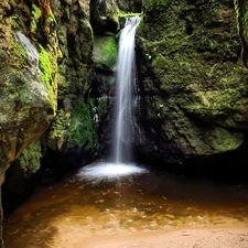 lake, waterfall, rocks