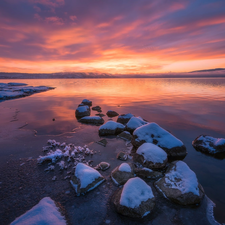 Lake Tyrifjorden, Norway, snow, Stones, Great Sunsets, Buskerud District