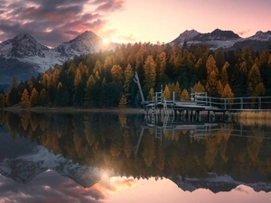 lake, Mountains, Platform, trees, clouds, Switzerland, forest, Great Sunsets, viewes
