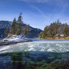 lake, Mountains, Eibsee, Stones, Bavaria, Germany, trees, viewes, snow