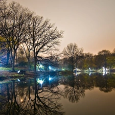 twilight, Park, lake, Floodlit