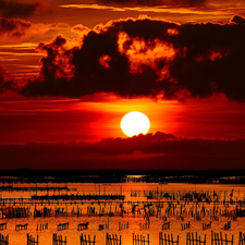 west, clouds, lake, sun