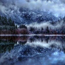lake, winter, forest, Fog, Mountains